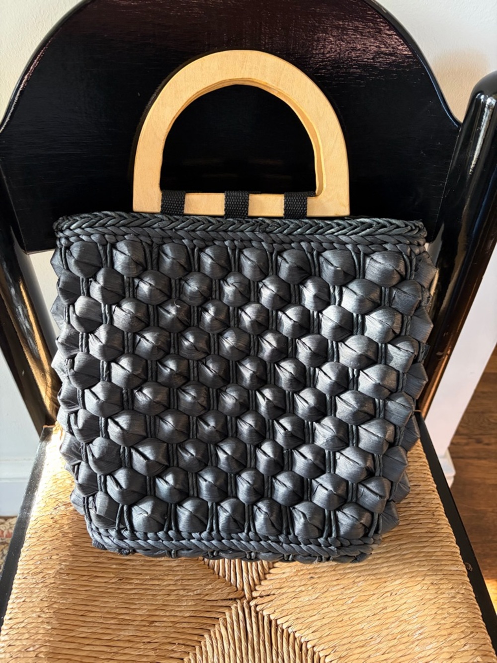 Vintage Black Woven Top-Handle Bag with Wood Handles